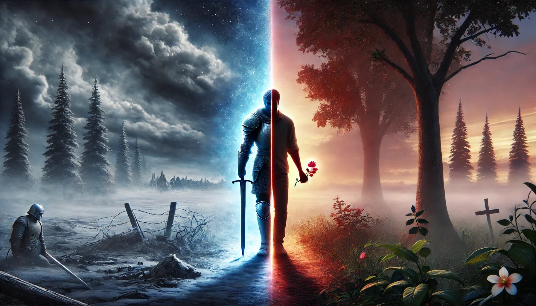 DALLE2025-03-1717.37.11-Asymbolicandemotionallychargedimageshowingalonefigurestandingatthethresholdoftwoworlds.Onesideisabattlefieldharshcoldwithdi-ezgif.com-webp-to-png-converter