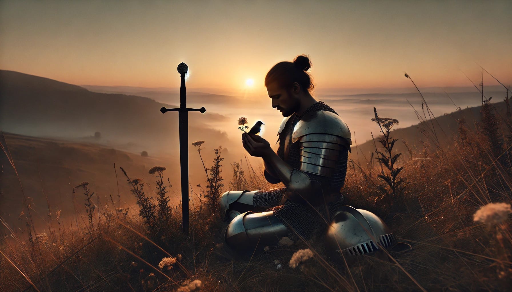 DALLE2025-03-1717.37.47-Apoeticandpowerfulimagesymbolizingtheintegrationofstrengthandsoftness.Awarriorsitsatdawnonahilloverlookingavalleytheirswordl-ezgif.com-webp-to-png-converter